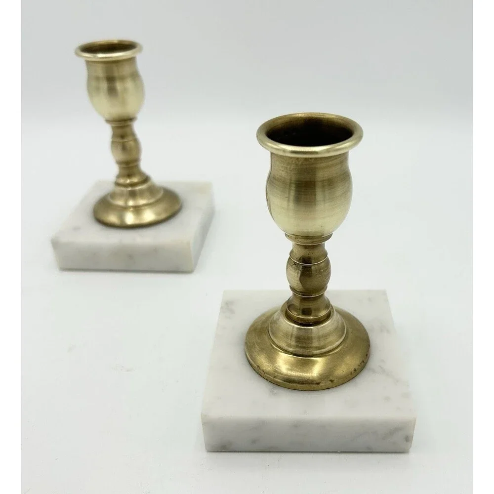 Vintage MCM Pair of Brass & Marble Based Taper Candle Sticks 4”